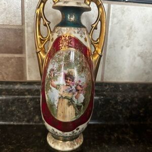 Austria Vintage Ornate Ceramic Vase with Floral Portrait Burgundy, Teal & Gold